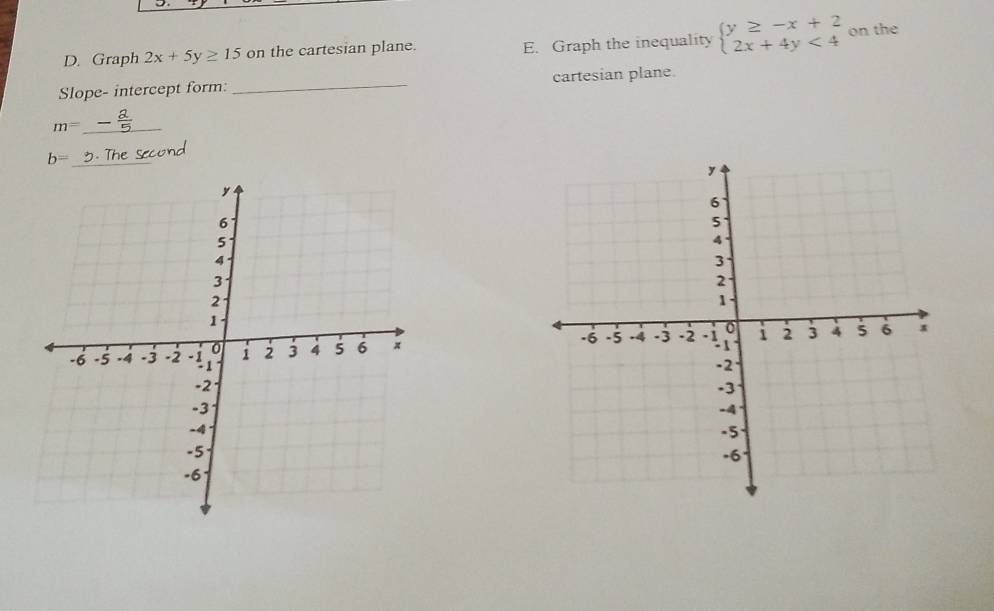 Graph 2x+5y≥ 15 on the cartesian plane. E. Graph the inequality beginarrayl y≥ -x+2 2x+4y<4endarray. on the 
Slope- intercept form: _cartesian plane
m= _
b= _