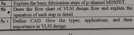 5a Explain the basic fabrication steps of p-channel MOSFET. 
5b Draw the flow chart of VLSI design flow and explain the 
operation of each step in detail. 
5c Define CAD. Give the types, applications, and their 
importance in VLSI design.