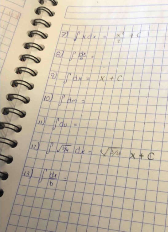 ∈t xdx=| x^2/2 +c
8 ∈t  dx/x =
9 ∈t dx=x+c
10 ∈t dm=
( ∈t du=
(2) ∈t sqrt(3/4)dx=sqrt(3/4)x+c
13) ∈t  dx/b =