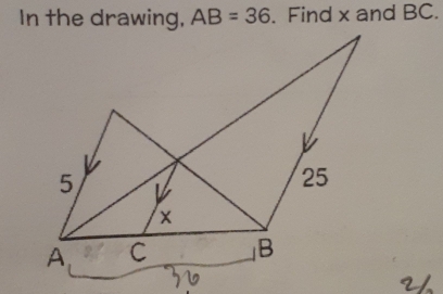 AB=36. Find x and BC.