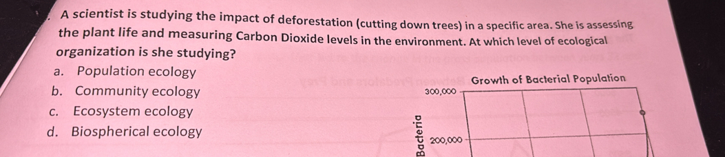 A scientist is studying the impact of deforestation (cutting down trees) in a specific area. She is assessing
the plant life and measuring Carbon Dioxide levels in the environment. At which level of ecological
organization is she studying?
a. Population ecology
Growth of Bacterial Population
b. Community ecology 300,000
c. Ecosystem ecology
d. Biospherical ecology
200,000