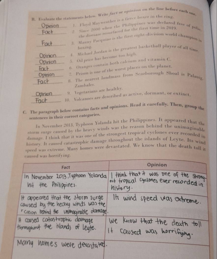 Evaluate the statements helow. Write fact or opinion on the line before each one 
1. Flovd Mayweather is a fierce boxer in the ring 
_2. Since 2000 when the Philippines was declared free of polio. 
_the disesase resurfaced for the first time in 2019. 
_ 
3. Manny Pacquiao is the first eight-division world champion i 
boxing. 
4. Michael Jordan is the greatest basketball player of all time. 
_5. Oil price has become too high. 
_6. Oranges contain both calcium and vitamin C. 
_7. Prison is one of the worst places on the planet. 
_ 
_8. The nearest landmass from Scarborough Shoal is Palavig. 
Zambales. 
9. Vegetarians are healthy. 
_ 
_10. Volcanoes are described as active, dormant, or extinct. 
C. The paragraph below contains facts and opinions. Read it carefully. Then, group the 
sentences in their correct categories. 
In November 2013, Typhoon Yolanda hit the Philippines. It appeared that the 
storm surge caused by the heavy winds was the reason behind the unimaginable 
damage. I think that it was one of the strongest tropical cyclones ever recorded in 
history. It caused catastrophic damage throughout the islands of Leyte. Its wind 
speed was extreme. Many homes were devastated. We know that the death toll it