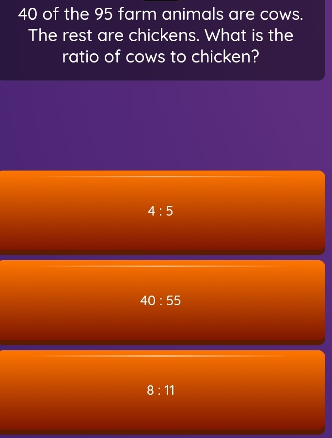 40 of the 95 farm animals are cows.
The rest are chickens. What is the
ratio of cows to chicken?
4:5
40:55
8:11