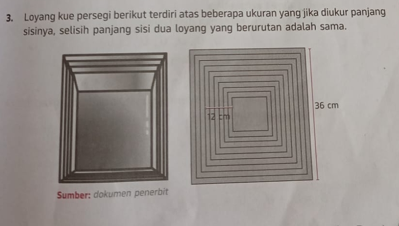 Loyang kue persegi berikut terdiri atas beberapa ukuran yang jika diukur panjang 
sisinya, selisih panjang sisi dua loyang yang berurutan adalah sama. 
Sumber: dokumen penerbit