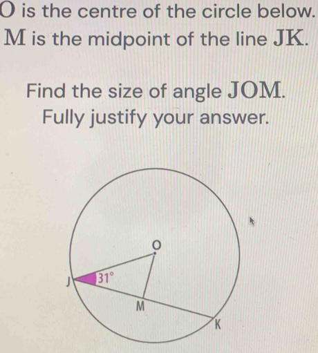 is the centre of the circle below.
M is the midpoint of the line JK.
Find the size of angle JOM.
Fully justify your answer.