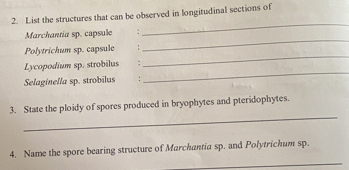 List the structures that can be observed in longitudinal sections of 
_ 
_ 
Marchantia sp. capsule : 
_ 
Polytrichum sp. capsule : 
Lycopodium sp. strobilus : 
Selaginella sp. strobilus : 
_ 
_ 
3. State the ploidy of spores produced in bryophytes and pteridophytes. 
4. Name the spore bearing structure of Marchantia sp. and Polytrichum sp. 
_