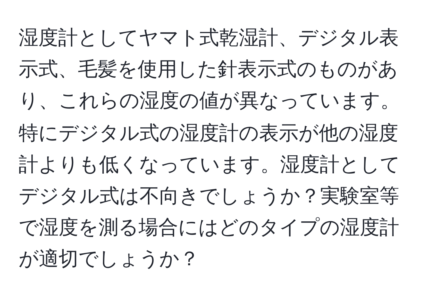 湿度計としてヤマト式乾湿計、デジタル表示式、毛髪を使用した針表示式のものがあり、これらの湿度の値が異なっています。特にデジタル式の湿度計の表示が他の湿度計よりも低くなっています。湿度計としてデジタル式は不向きでしょうか？実験室等で湿度を測る場合にはどのタイプの湿度計が適切でしょうか？