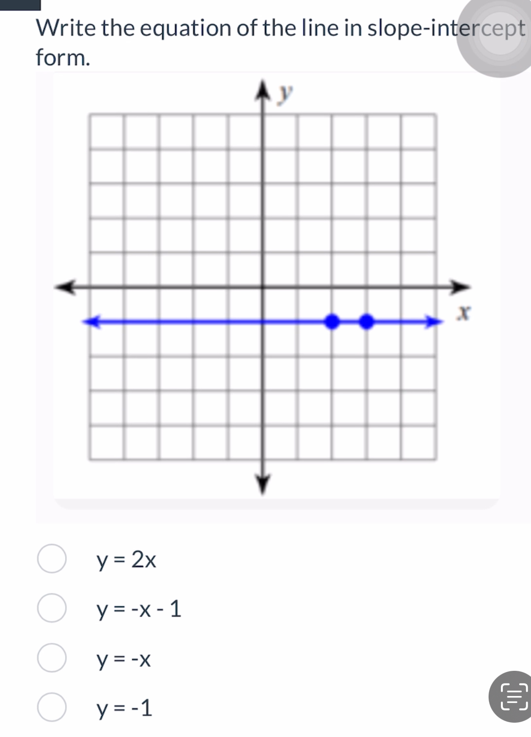 Write the equation of the line in slope-intercept
form.
y=2x
y=-x-1
y=-x
y=-1