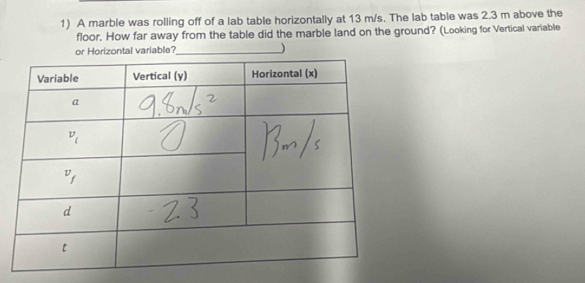 A marble was rolling off of a lab table horizontally at 13 m/s. The lab table was 2.3 m above the
floor. How far away from the table did the marble land on the ground? (Looking for Vertical variable
or Horizontal variable? )