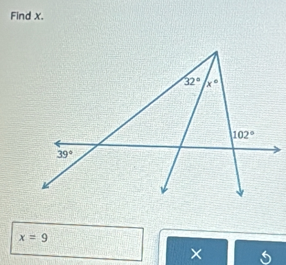 Find x.
x=9
×