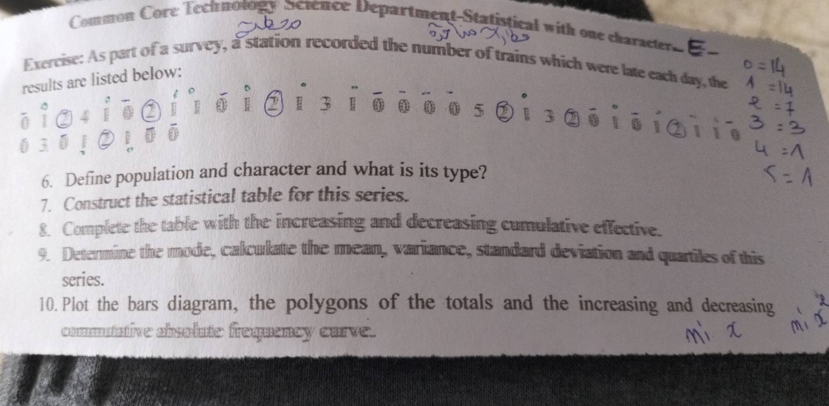 Common Core Technotogy Science Department-Statistical with one character. 
Exercise: As part of a survey, a station recorded the number of trains which were late each day, the 
results are listed below: 
^circ 
 ∈fty /1  A
2
5 D
E 2 1 3 1 4 1 3 ōio izi io 
6 3
 0
6. Define population and character and what is its type? 
7. Construct the statistical table for this series. 
8. Complete the table with the increasing and decreasing cumulative effective. 
9. Determine the mode, calculate the mean, variance, standard deviation and quatiles of this 
series. 
10. Plot the bars diagram, the polygons of the totals and the increasing and decreasing 
commuintive ansolute frequency surve.