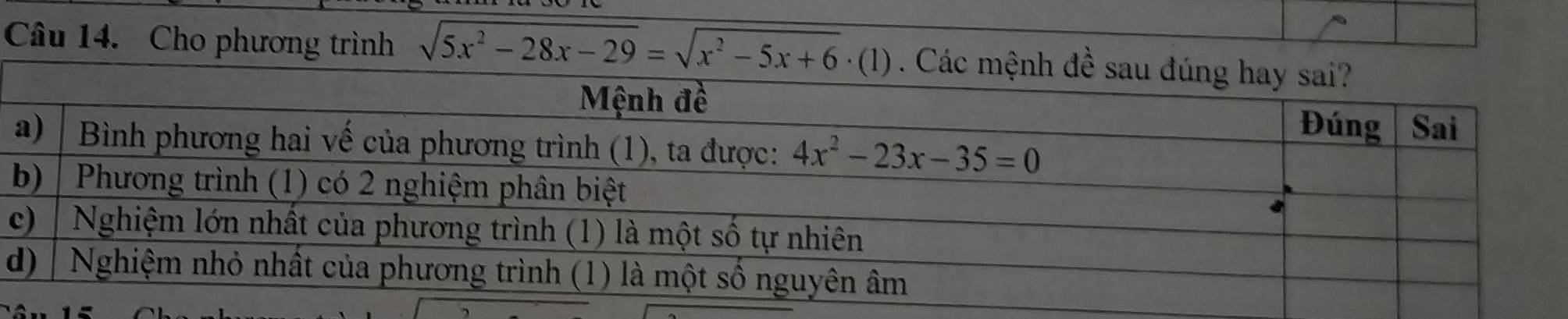 Cho phương trình sqrt(5x^2-28x-29)=sqrt(x^2-5x+6)