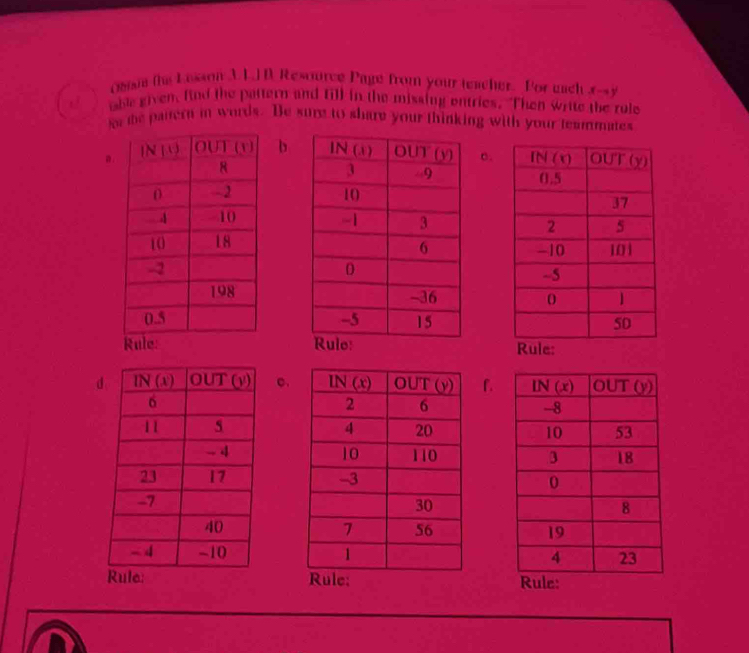 O8isi the Lusson 3.1.1D Resource Page from your teacher. For each xto y
table given, find the pattern and fill in the missing ontries. Then write the rule
the pattern in words. Be sure to share your thinking with your teammates
bc.
 
 
 
 
Rule:
c.f.
  
  
 
 
 
Rule: