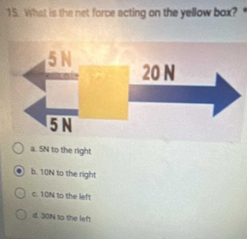 What is the net force acting on the yellow box?
a. 5N to the right
b. 10N to the right
c. 10N to the left
d. 30N to the left