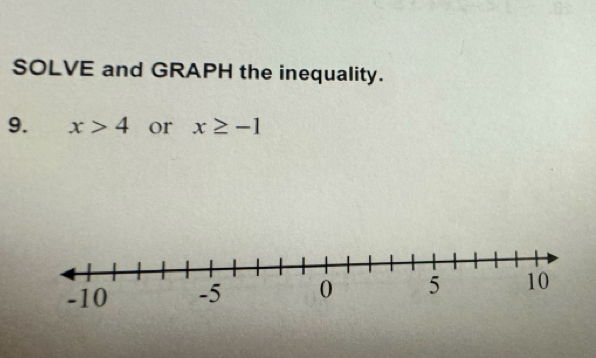 SOLVE and GRAPH the inequality. 
9. x>4 or x≥ -1