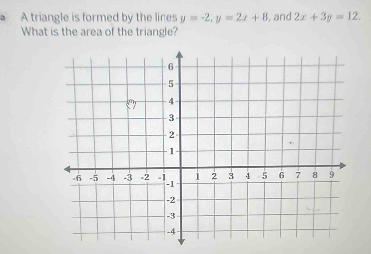 A triangle is formed by the lines y=-2, y=2x+8 , and 2x+3y=12. 
What is the area of the triangle?