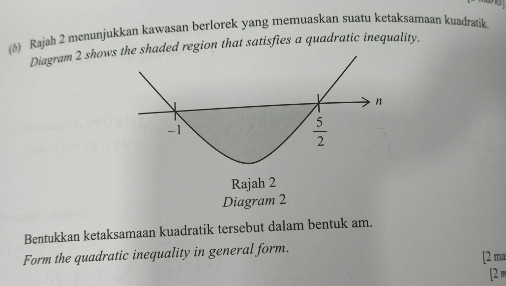 As
(b) Rajah 2 menunjukkan kawasan berlorek yang memuaskan suatu ketaksamaan kuadratik.
Diagram 2 showsaded region that satisfies a quadratic inequality.
Bentukkan ketaksamaan kuadratik tersebut dalam bentuk am.
Form the quadratic inequality in general form.
[2 ma
[2m