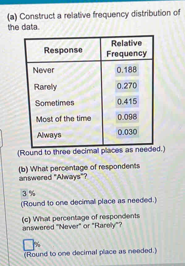 Construct a relative frequency distribution of 
the data. 
(Round to three d) 
(b) What percentage of respondents 
answered "Always"?
3 %
(Round to one decimal place as needed.) 
(c) What percentage of respondents 
answered "Never" or "Rarely"?
%
(Round to one decimal place as needed.)