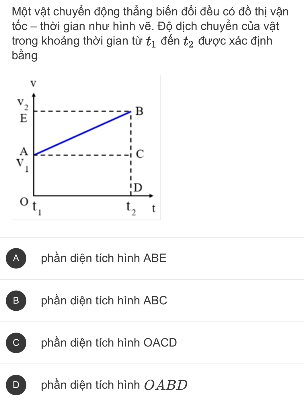 Một vật chuyển động thẳng biến đổi đều có đồ thị vận
tốc - thời gian như hình vẽ. Độ dịch chuyển của vật
trong khoảng thời gian từ t_1 đến t_2 được xác định
bằng
A phần diện tích hình ABE
B phần diện tích hình ABC
phần diện tích hình OACD
D phần diện tích hình OABD