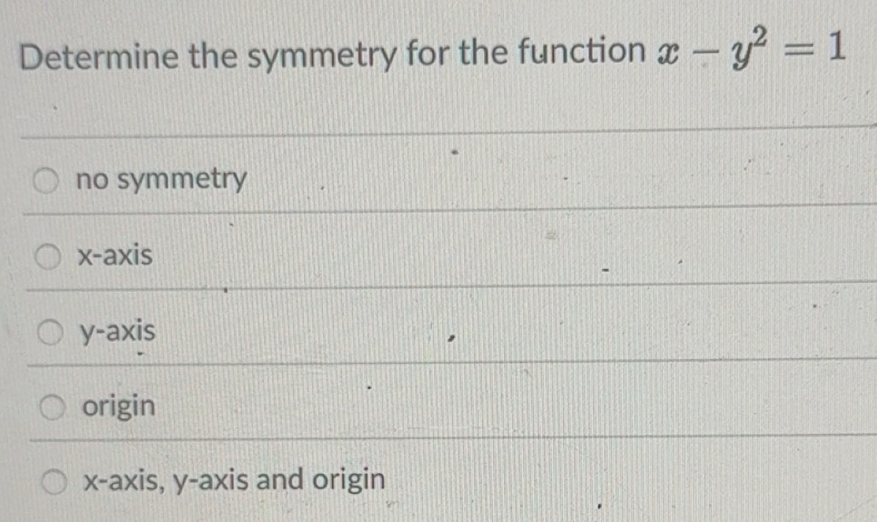 Solved: Determine the symmetry for the function x-y^2=1 no symmetry x ...