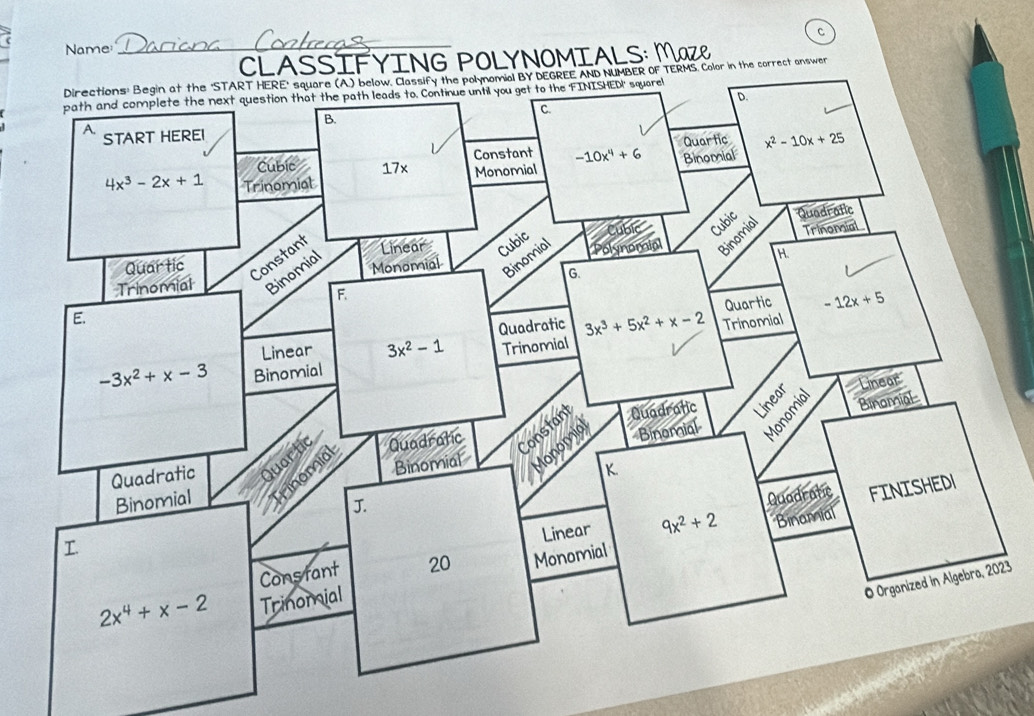 Name_
* CLASSIFYING POLYNOMIALS: MaZe
OF TERMS, Color in the correct answer
23