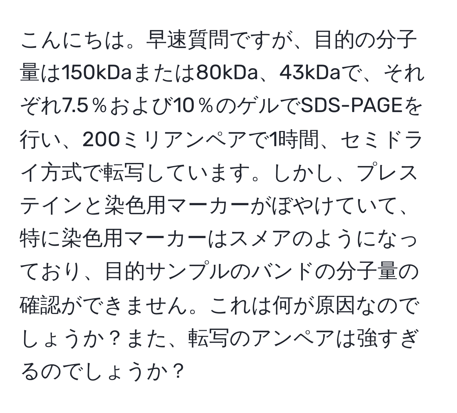 こんにちは。早速質問ですが、目的の分子量は150kDaまたは80kDa、43kDaで、それぞれ7.5％および10％のゲルでSDS-PAGEを行い、200ミリアンペアで1時間、セミドライ方式で転写しています。しかし、プレステインと染色用マーカーがぼやけていて、特に染色用マーカーはスメアのようになっており、目的サンプルのバンドの分子量の確認ができません。これは何が原因なのでしょうか？また、転写のアンペアは強すぎるのでしょうか？