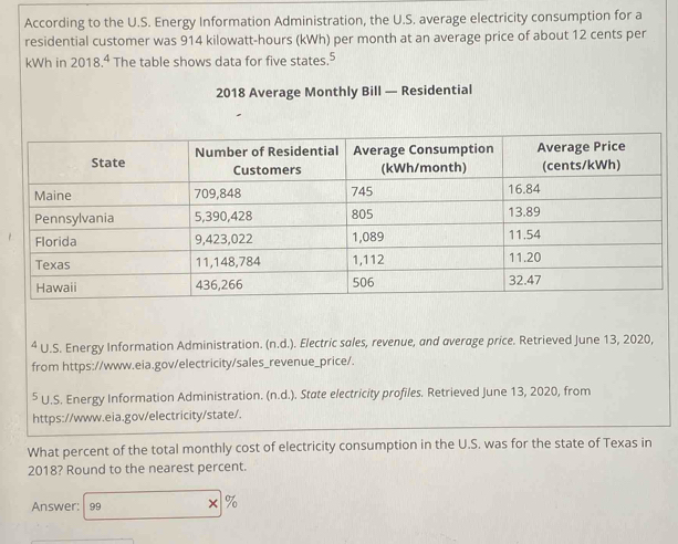 According to the U.S. Energy Information Administration, the U.S. average electricity consumption for a 
residential customer was 914 kilowatt-hours (kWh) per month at an average price of about 12 cents per
kWh in 2018.⁴ The table shows data for five states.5 
2018 Average Monthly Bill — Residential 
⁴ U.S. Energy Information Administration. (n.d.). Electric sales, revenue, and average price. Retrieved June 13, 2020, 
from https://www.eia.gov/electricity/sales_revenue_price/. 
⁵ U.S. Energy Information Administration. (n.d.) . State electricity profiles. Retrieved June 13, 2020, from 
https://www.eia.gov/electricity/state/. 
What percent of the total monthly cost of electricity consumption in the U.S. was for the state of Texas in 
2018? Round to the nearest percent. 
Answer: 99 × %