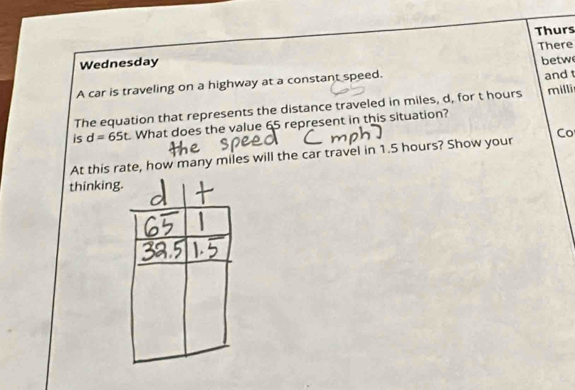 Thurs 
Wednesday There 
betw 
A car is traveling on a highway at a constant speed. 
and t 
The equation that represents the distance traveled in miles, d, for t hours milli 
is d=65t What does the value 65 represent in this situation? 
At this rate, how many miles will the car travel in 1.5 hours? Show your Co 
thinking