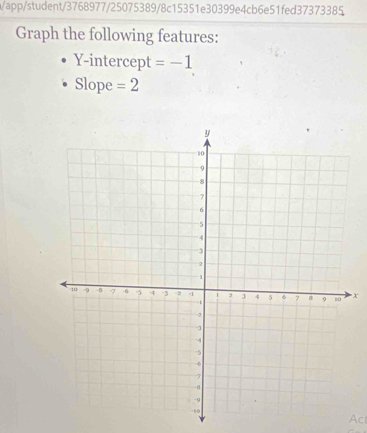 a/app/student/3768977/25075389/8c15351e30399e4cb6e51fed37373385 
Graph the following features: 
Y-intercept =-1
Slope =2
x
Act