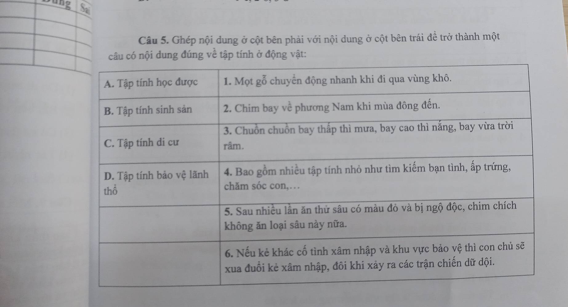 Sung Sa 
Câu 5. Ghép nội dung ở cột bên phải với nội dung ở cột bên trái đề trở thành một 
câu có nội dung đúng về tập tính ở động vật: