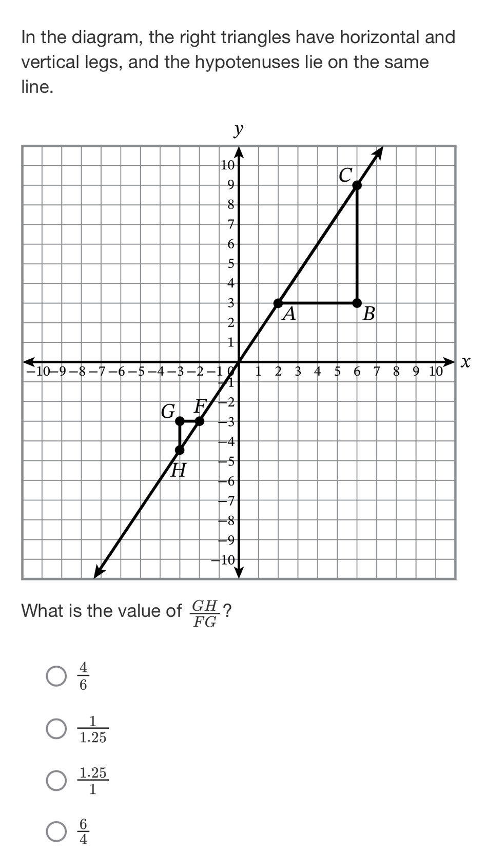 In the diagram, the right triangles have horizontal and
vertical legs, and the hypotenuses lie on the same
line.
x
What is the value of  GH/FG  ?
 4/6 
 1/1.25 
 (1.25)/1 
 6/4 