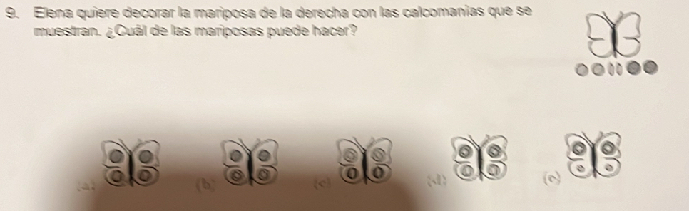 Elena quiere decorar la mariposa de la derecha con las calcomanías que se 
muestran. ¿Cuál de las mariposas puede hacer?