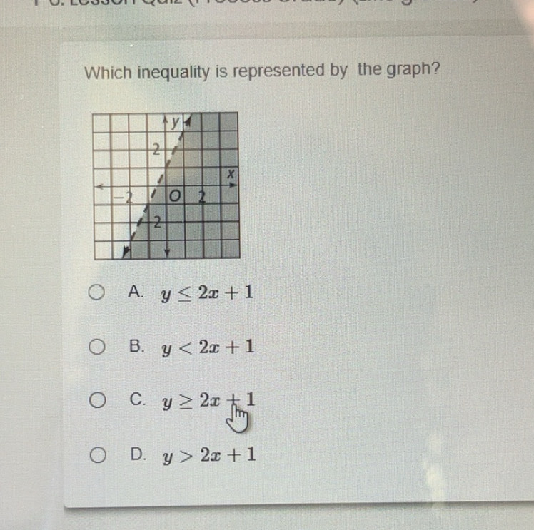 Solved: Which inequality is represented by the graph? A. y≤ 2x+1 B. y ...