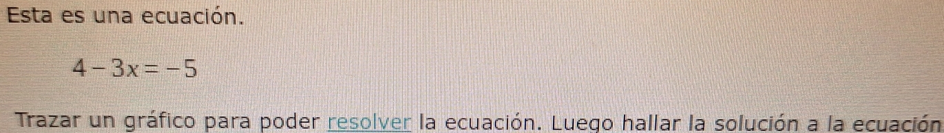 Esta es una ecuación.
4-3x=-5
Trazar un gráfico para poder resolver la ecuación. Luego hallar la solución a la ecuación.