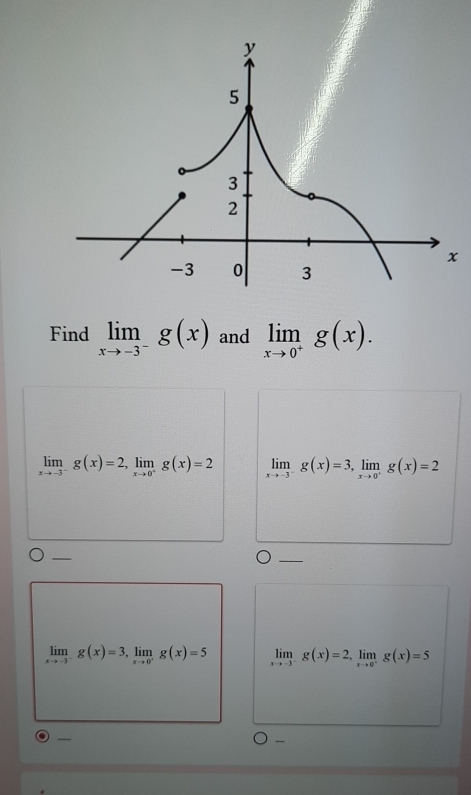 Find limlimits _xto -3^-g(x) and limlimits _xto 0^+g(x).
limlimits _xto -3^-g(x)=2, limlimits _xto 0^+g(x)=2 limlimits _xto -3^-g(x)=3, limlimits _xto 0^+g(x)=2
_
limlimits _xto -3g(x)=3, limlimits _xto 0^+g(x)=5 limlimits _xto -3^-g(x)=2, limlimits _xto 0^-g(x)=5
—