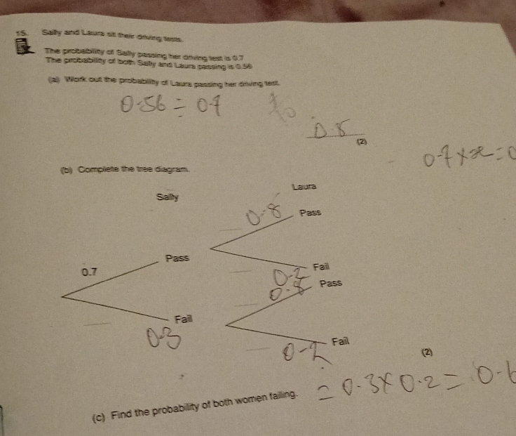 Sally and Laura st their driving tests. 
The probability of Sally passing her driving lest is 0.7
The probabiity of both Sally and Laura passing is 0.58
(a) Work out the probability of Laura passing her driving test. 
_ 
(2) 
(b) Complete the tree diagram. 
Laura 
Sailty 
Pass 
Fail 
Pass 
Fail 
(2) 
(c) Find the probability of both women failing.