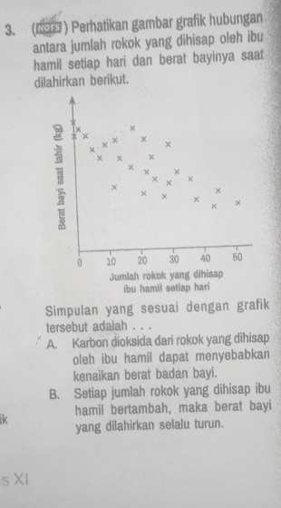 (2 ) Perhatikan gambar grafik hubungan
antara jumlah rokok yang dihisap oleh ibu
hamil setiap hari dan berat bayinya saat
dilahirkan berikut.
Simpulan yang sesuai dengan grafik
tersebut adalah . . .
A. Karbon dioksida dari rokok yang dihisap
oleh ibu hamil dapat menyebabkan
kenaikan berat badan bayi.
B. Setiap jumlah rokok yang dihisap ibu
ik hamil bertambah, maka berat bayi
yang dilahirkan selalu turun.
s XI