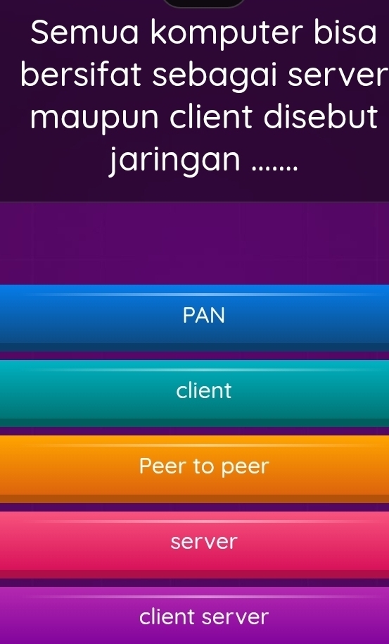 Semua komputer bisa
bersifat sebagai server
maupun client disebut
jaringan ......
PAN
client
Peer to peer
server
client server