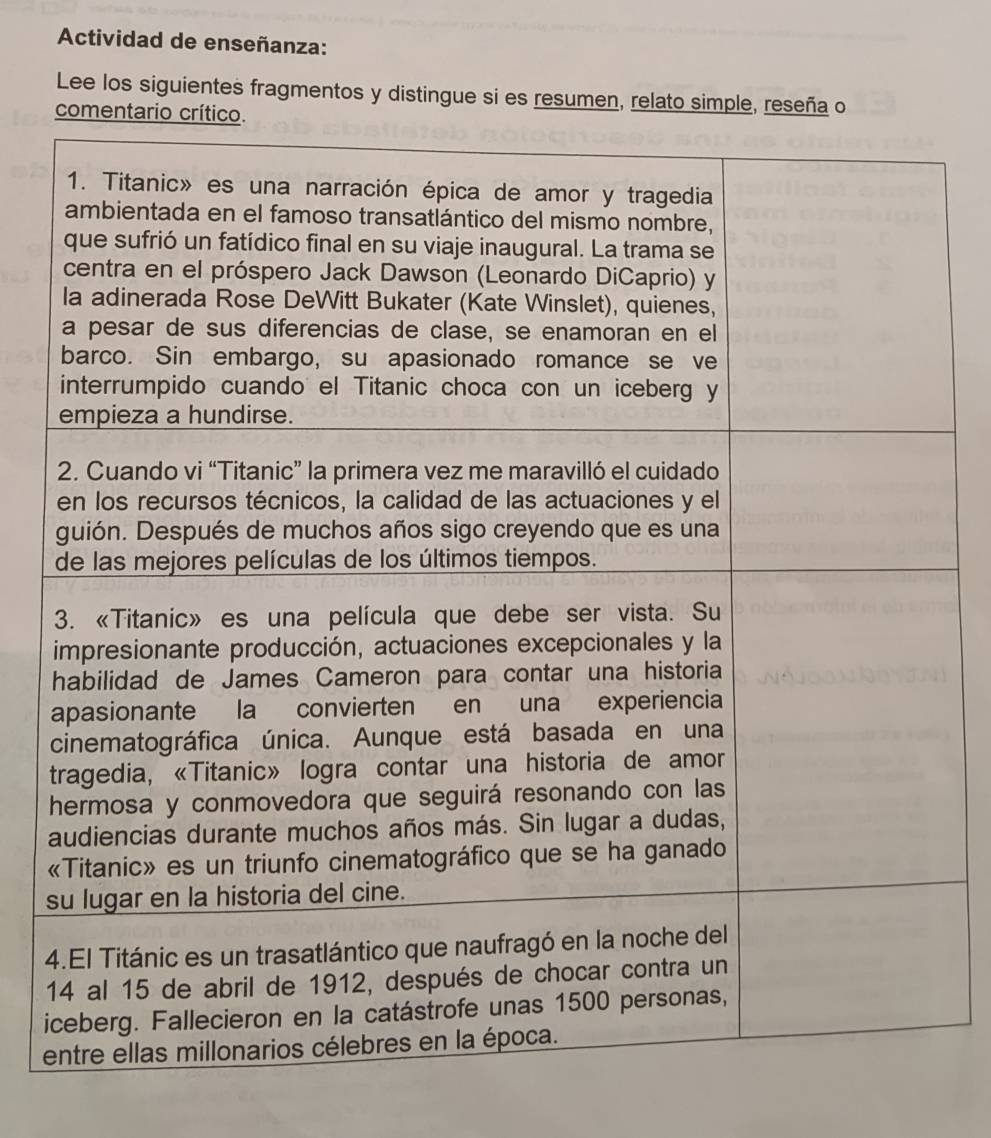 Actividad de enseñanza: 
Lee los siguientes fragmentos y distingue si es resumen, relato simple, reseña o 
comen 
s 
4 
i 
e