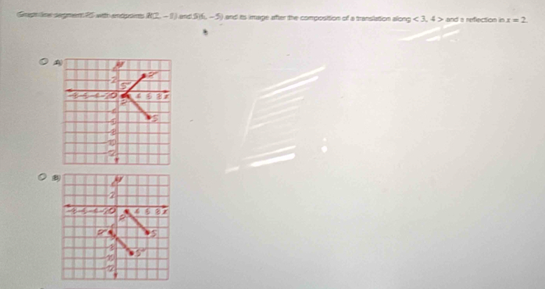 Grepine segment 25 with edpaints R(2,-1) △ SISh-5) and its image ater the composttion of a translation along <3,4> and a refection in x=2.