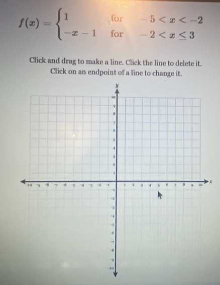 f(x)=beginarrayl 1for-5
Click and drag to make a line. Click the line to delete it. 
Click on an endpoint of a line to change it.
x