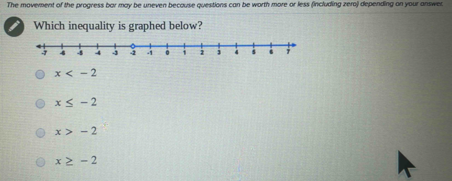 The movement of the progress bar may be uneven because questions can be worth more or less (including zero) depending on your answer.
Which inequality is graphed below?
x
x≤ -2
x>-2
x≥ -2