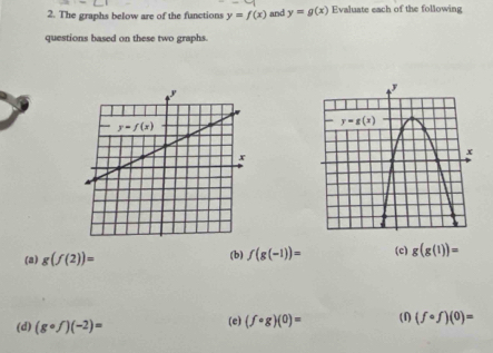 The graphs below are of the functions y=f(x) and y=g(x) Evaluate each of the following
questions based on these two graphs.
(a) g(f(2))= (b) f(g(-1))= (c) g(g(1))=
(d) (gcirc f)(-2)= (e) (f· g)(0)= (1) (fcirc f)(0)=