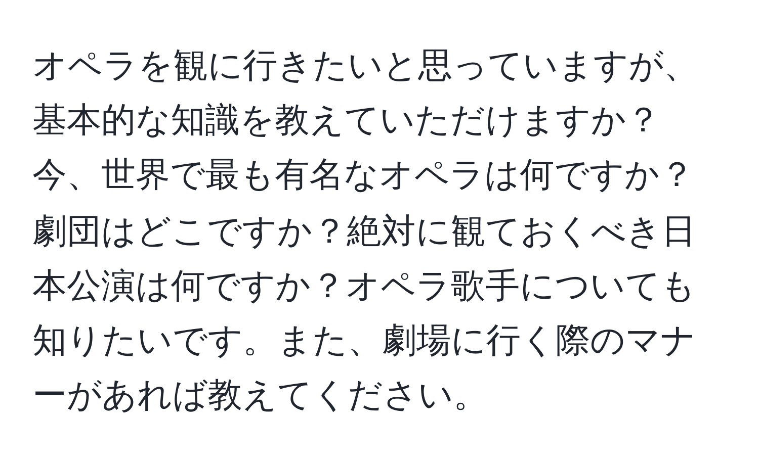 オペラを観に行きたいと思っていますが、基本的な知識を教えていただけますか？今、世界で最も有名なオペラは何ですか？劇団はどこですか？絶対に観ておくべき日本公演は何ですか？オペラ歌手についても知りたいです。また、劇場に行く際のマナーがあれば教えてください。