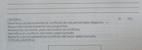 CRITERIO SI NO
Identifica correctamente el conflicto de los personajes elegidos. 
Responde correctamente las preguntas.
Analiza las acciones para encontrar el conflicto.
Identífica el conflicto del texto seleccionado.
Redacta correctamente el conflicto del texto seleccionado,
COEVALUADOR-A: