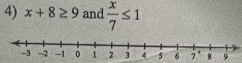 x+8≥ 9 and  x/7 ≤ 1