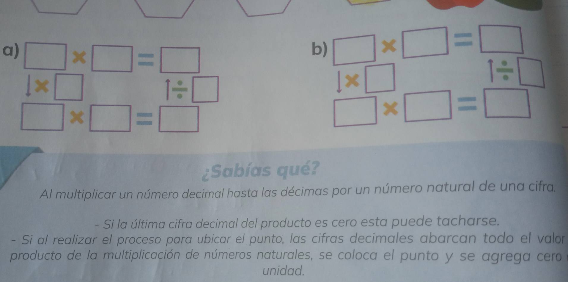 □ * □ =□
b) □ * □ =□
1* □
1/ □
1/ □
|* □
□ * □ =□
□ * □ =□
¿Sabías qué? 
Al multiplicar un número decimal hasta las décimas por un número natural de una cifra, 
- Si la última cifra decimal del producto es cero esta puede tacharse. 
- Si al realizar el proceso para ubicar el punto, las cifras decimales abarcan todo el valor 
producto de la multiplicación de números naturales, se coloca el punto y se agrega cero 
unidad.