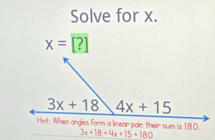 Solve for x.
x=[?]
3x+18+4x+15=180