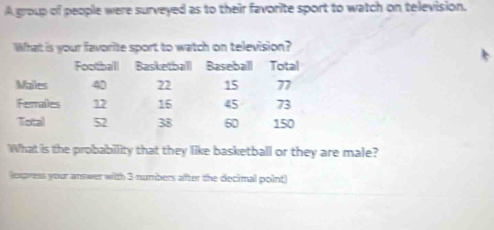 A group of people were surveyed as to their favorite sport to watch on television. 
What is the probability that they like basketball or they are male? 
lexpress your answer with 3 numbers after the decimal point