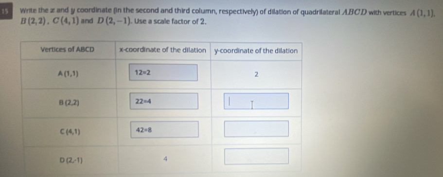 Write the z and y coordinate (in the second and third column, respectively) of dilation of quadrilateral ABCD with vertices A(1,1),
B(2,2),C(4,1) and D(2,-1). Use a scale factor of 2.